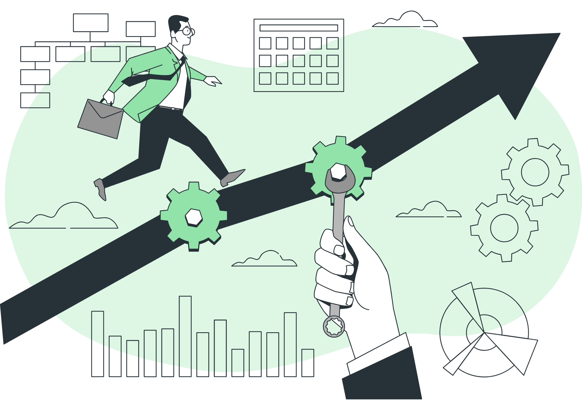 Illustration of a businessman running up an arrow, with gears and business charts in the background, depicting growth and productivity.