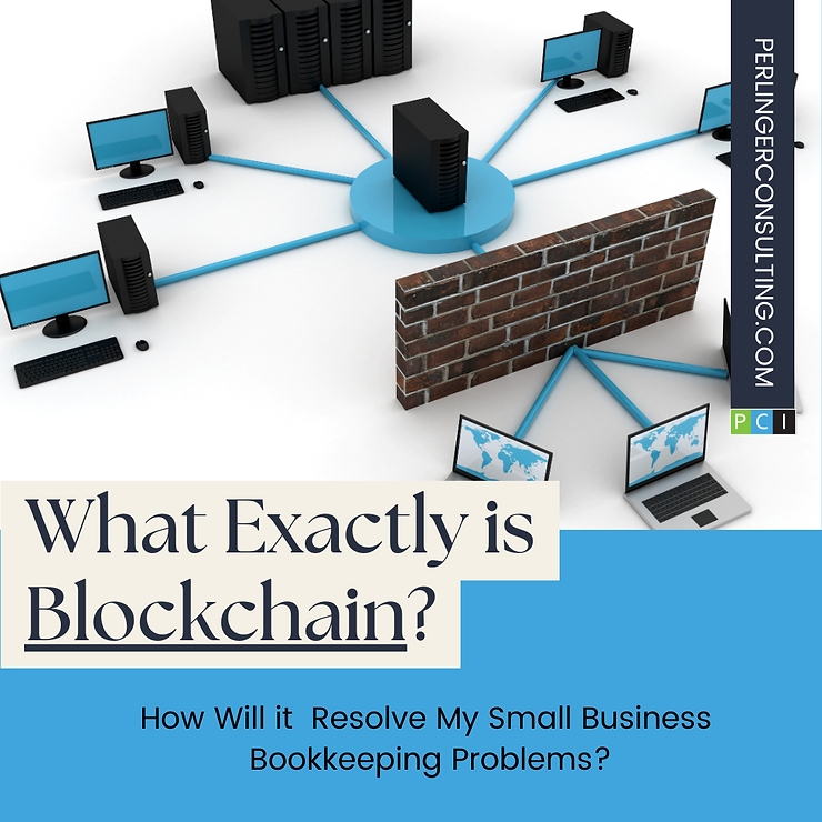 Graphic illustrating blockchain concept with computers connected around a brick wall, querying its function in solving small business bookkeeping issues.