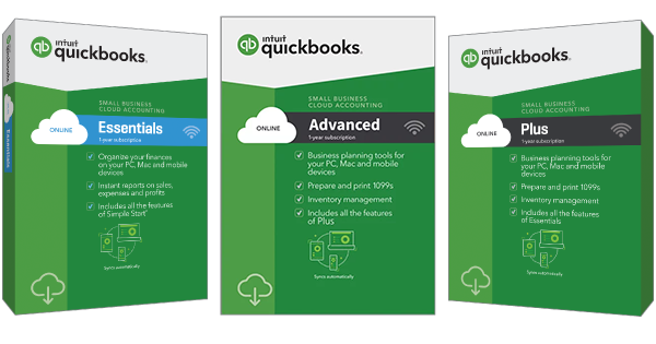 Three editions of quickbooks software packages labeled essential, advanced, and standard, displayed in a row. each box highlights different business tools and features.