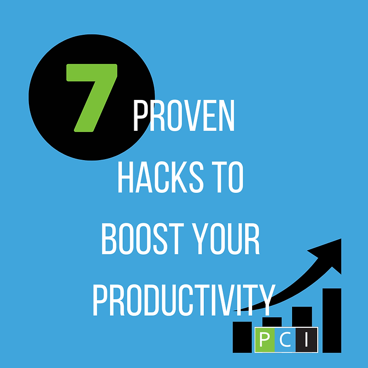 Graphic with text "7 proven hacks to boost your productivity," featuring a rising bar graph symbol and the acronym "pci" on a blue background.