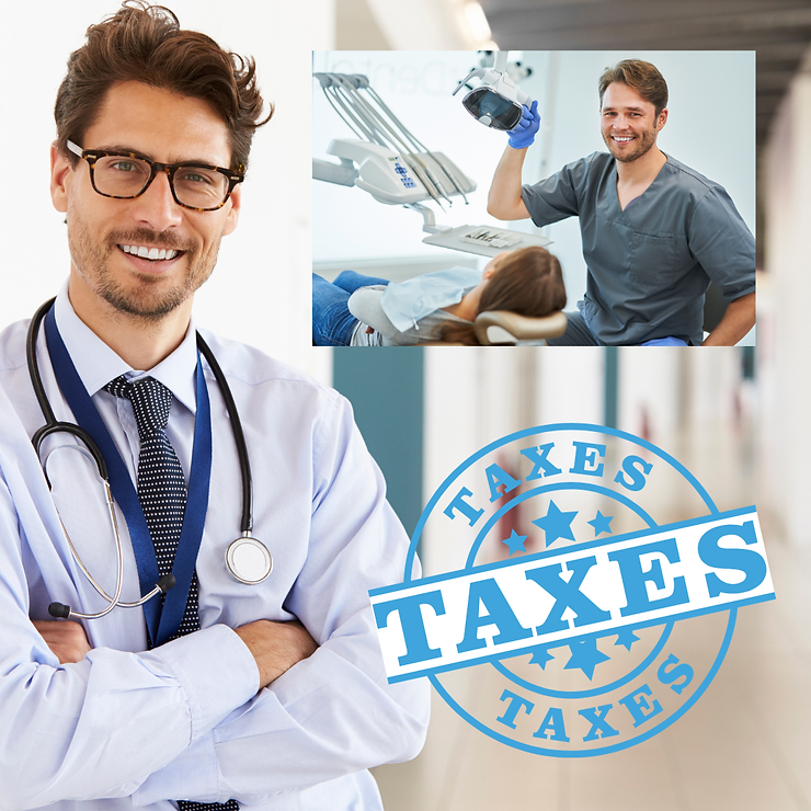 A collage of three images: a male doctor with a stethoscope, a male dentist with a patient, and a "taxes" emblem with stars.