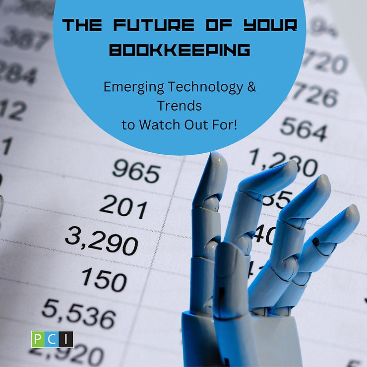 A robotic hand hovers over financial documents, under text titled "the future of bookkeeping emerging technology & trends to watch out for!