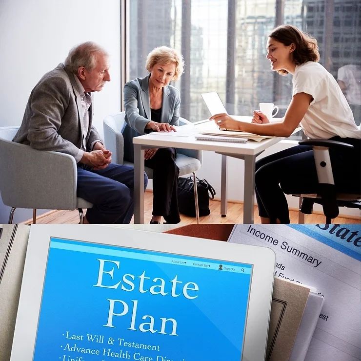 Senior couple consulting with a financial advisor about estate planning, with documents and computer screen visible.