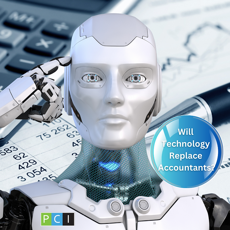 A humanoid robot with a metallic hand and reflective eyes, situated over accounting documents, next to a "will technology replace accountants?" graphic