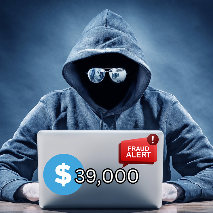 Hooded figure with reflective sunglasses at a laptop displaying "$39,000" and a "fraud alert" notification.