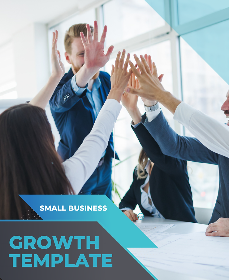 A group of business professionals engaging in a high-five gesture in a modern office, with the text "small business growth template" on the image.