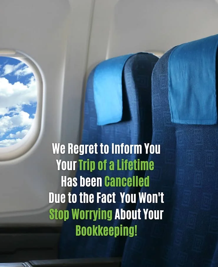 View from inside an airplane showing empty blue seats with a window on the left, and a humorous text overlay about canceling a trip due to bookkeeping worries.