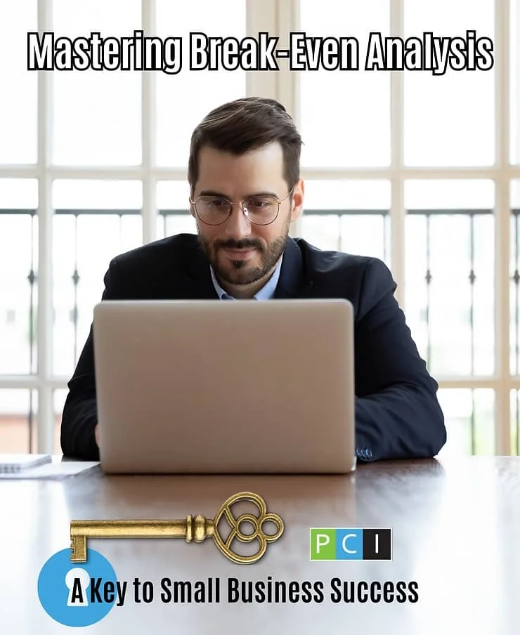 Man wearing glasses and suit sits at desk with laptop, under text "mastering break-even analysis"