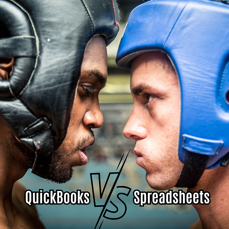 Two boxers, one wearing a black helmet and the other a blue helmet, face each other closely with intense expressions, text reads "quickbooks vs spreadsheets".