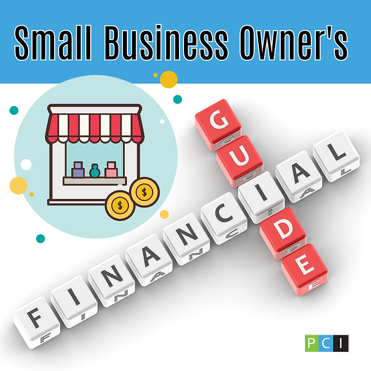 Graphic illustrating 'small business owner's financial guide' with a storefront icon and letter blocks spelling 'guide' and 'financial'.