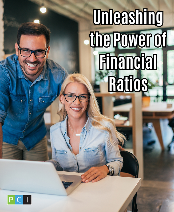 Two professionals, a man and a woman, smiling while looking at a laptop screen in a modern office setting with the text "unleashing the power of financial ratios" above.