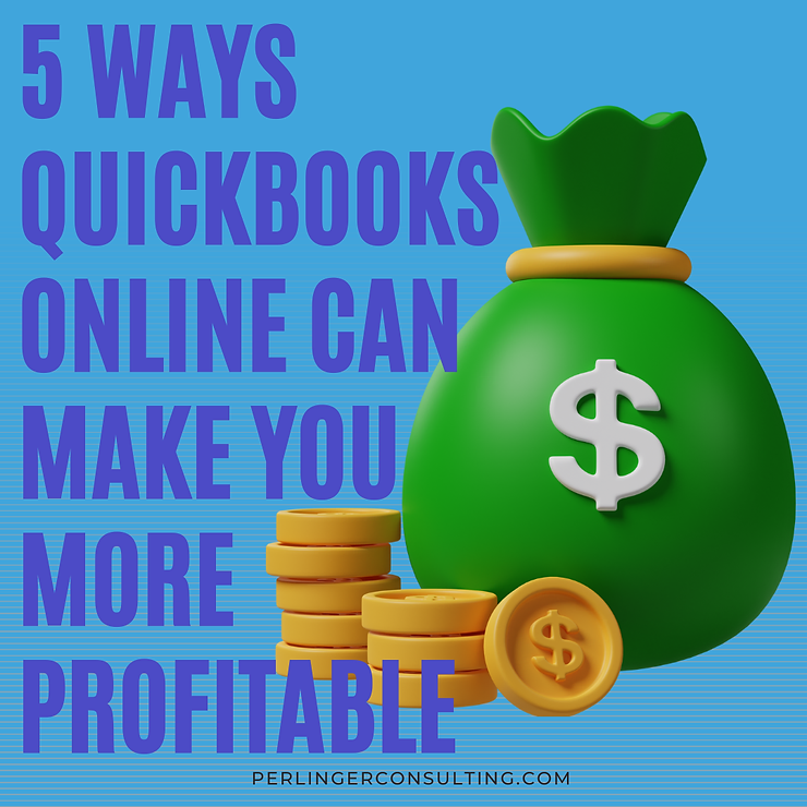 Image depicts a large green money bag with a dollar sign and stacks of gold coins, promoting "5 ways quickbooks online can make you more profitable" at perlingerconsulting.com.