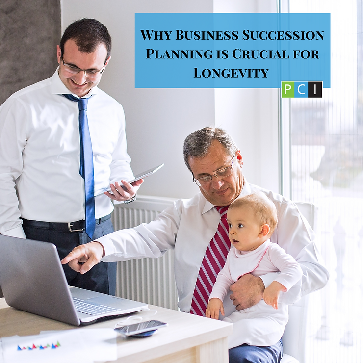 Two men in a business setting, one holding a toddler and working on a laptop, the other using a tablet, with text about business succession planning.