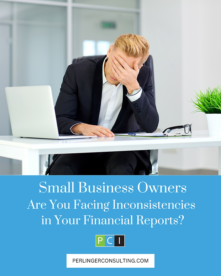 A stressed businessman with his hand on his forehead, sitting at a desk with a laptop, under the text about small business owners facing inconsistencies in financial reports.