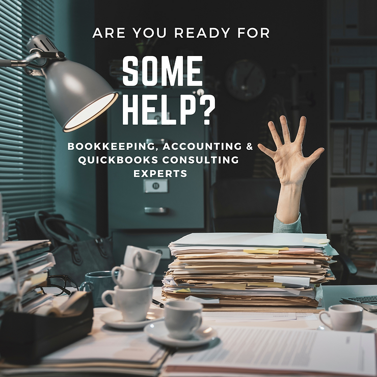 Ad for bookkeeping, accounting, and quickbooks consulting, featuring a hand emerging from a pile of paperwork on a cluttered desk under a desk lamp.