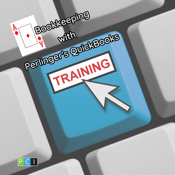 Illustration of a computer keyboard with a highlighted key labeled "training" and an arrow pointing at it, overlaid with text about bookkeeping with quickbooks