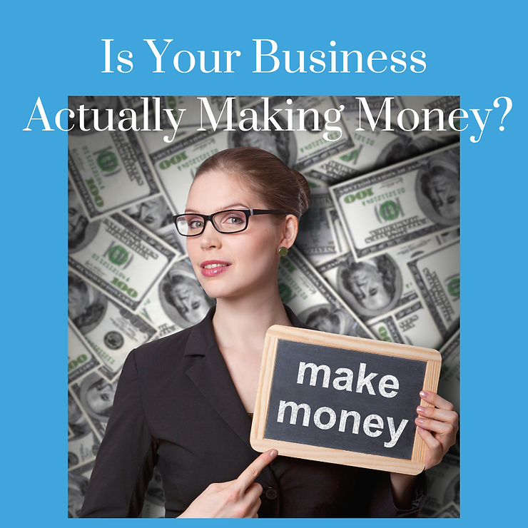 Businesswoman in glasses holding a "make money" sign, surrounded by floating dollar bills, with text "is your business actually making money?