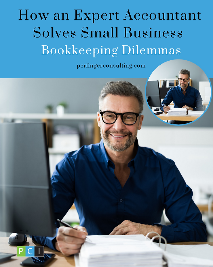 Mature businessman wearing glasses smiling at camera, working on bookkeeping with documents and a laptop, text overlay about small business solutions.