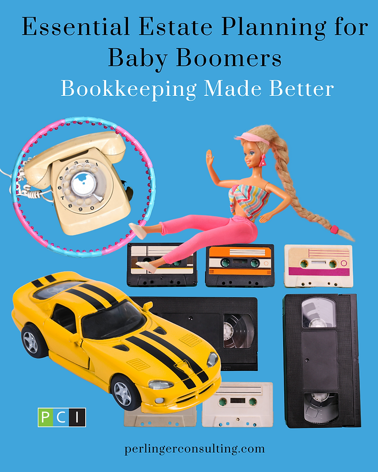 Promotional poster for bookkeeping featuring a vintage rotary phone, a doll, a sports car, and cassette tapes, with text "essential ebay planners for baby boomers - bookkeeping made better.