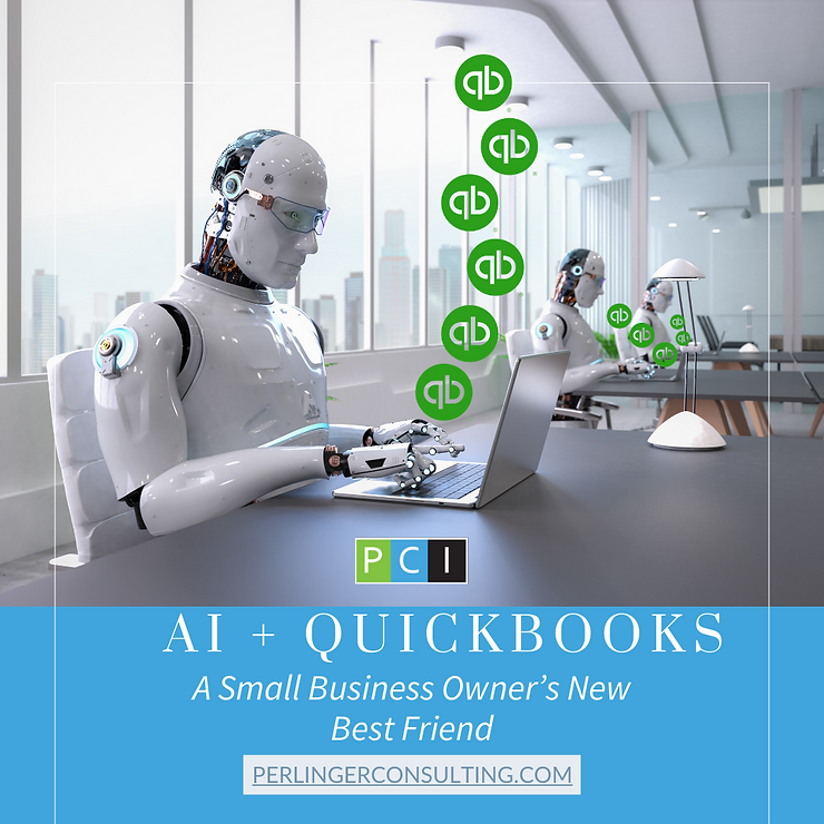 A humanoid robot working on a laptop at a desk in a modern office, with a logo for ai and quickbooks, promoting them as helpful tools for businesses.