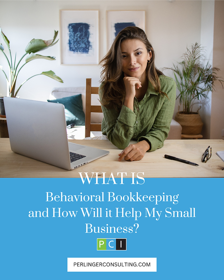 Woman in green shirt sitting at a desk with a laptop, looking at the camera, with text about behavioral bookkeeping above her.