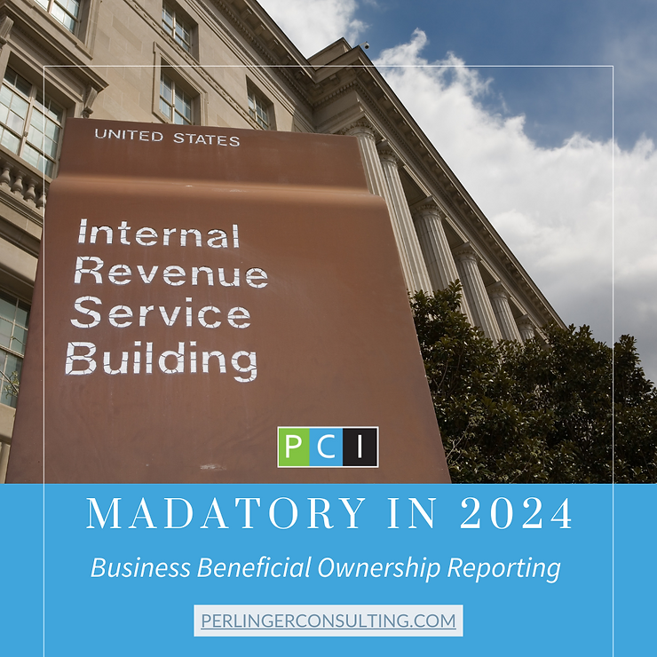 Advertisement banner for perlinger consulting featuring the irs building background, announcing mandatory business ownership reporting in 2024