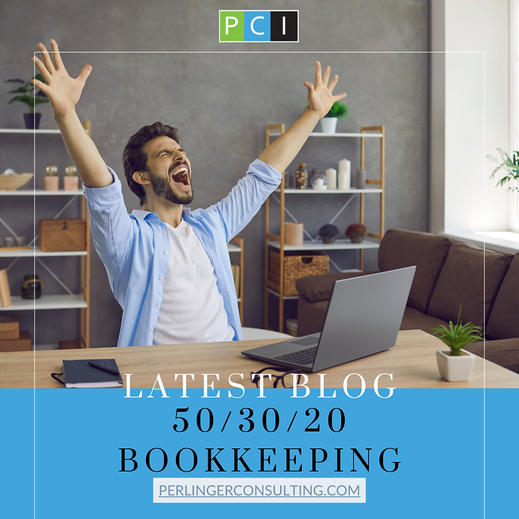 Joyful man raising arms in celebration while working on laptop in a modern living room, with text about a "50/30/20 bookkeeping" blog post by perlinger consulting.