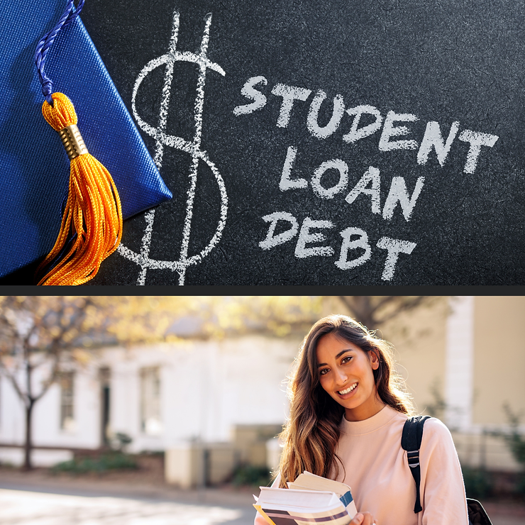 Split image with a graduation cap and the phrase "student loan debt" on a chalkboard above, and a smiling female student holding books below.