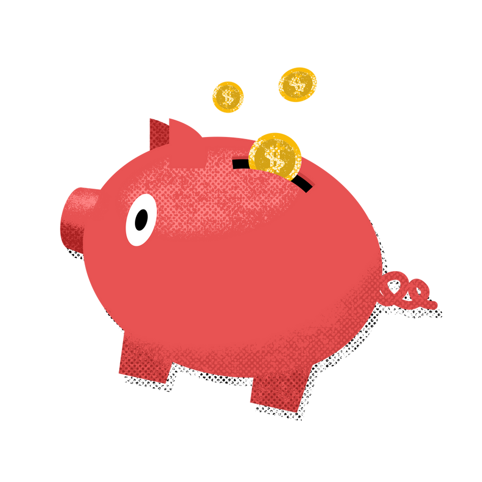 Illustration of a red piggy bank with coins sliding into the slot, on a black background.