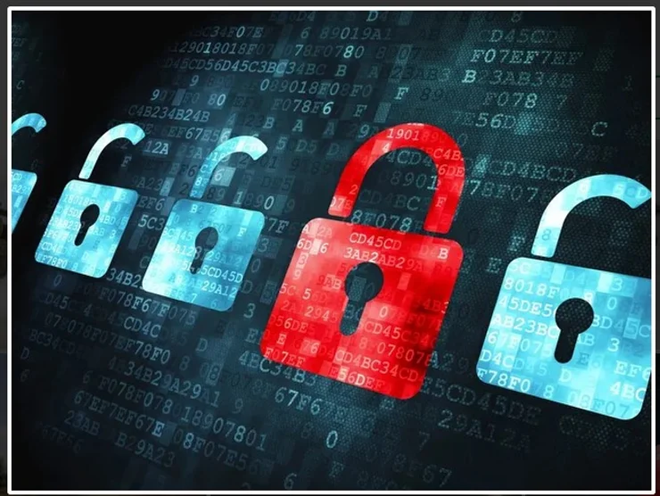 Red unlocked padlock icon surrounded by white locked padlocks on a digital screen with binary code in the background.