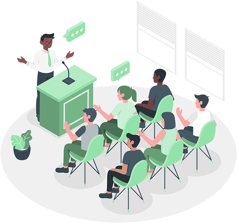 Illustration of a diverse group of people attending a workshop, listening to a speaker at a podium.