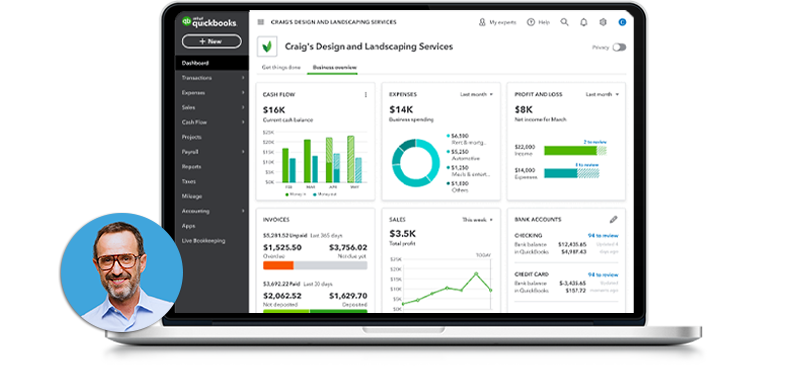 A laptop displaying quickbooks software with graphs and financial information; a male photo avatar at the bottom left corner.