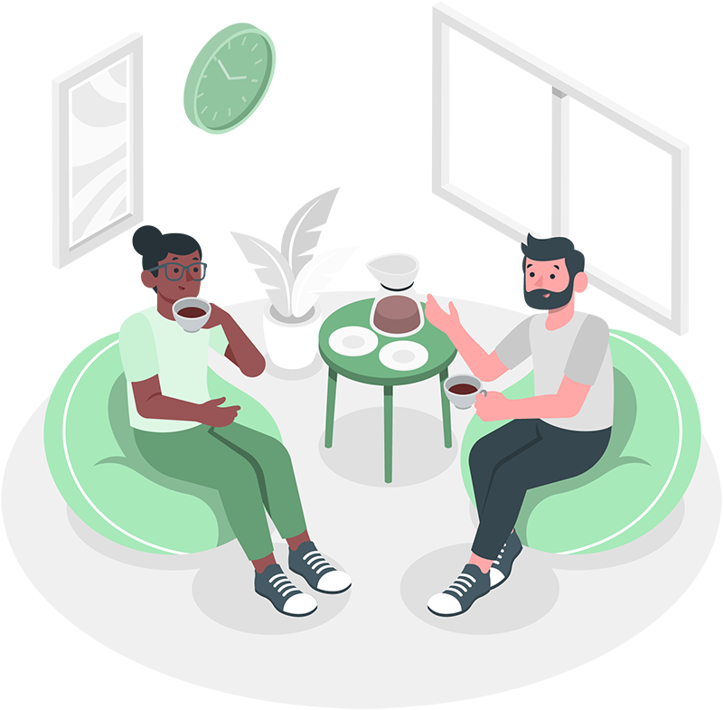 Two people sitting in green chairs, drinking coffee and having a conversation in a modern living room setting.