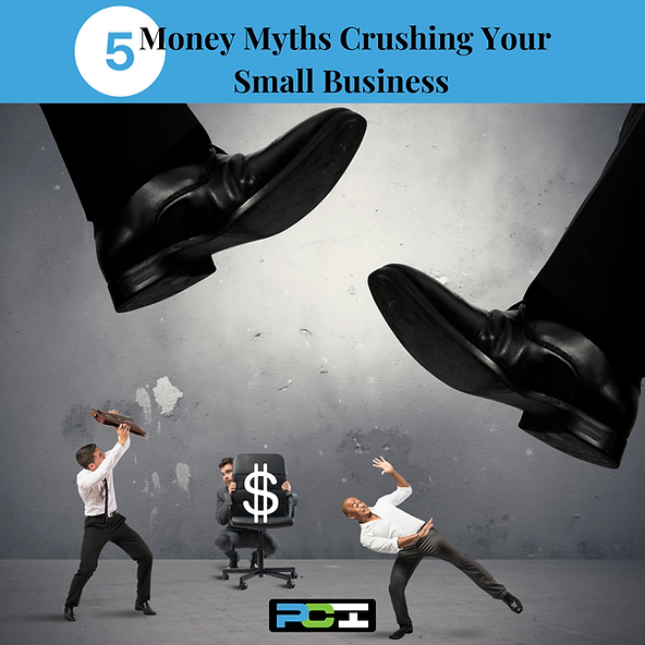 Graphic showing oversized shoes stepping on small businesspeople with text "5 money myths crushing your small business" and a dollar sign symbol.