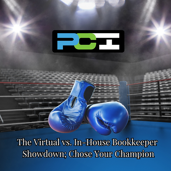 Blue boxing gloves in a ring, spotlight illuminates the scene with text "the virtual vs. in-house bookkeeper showdown; chose your champion".