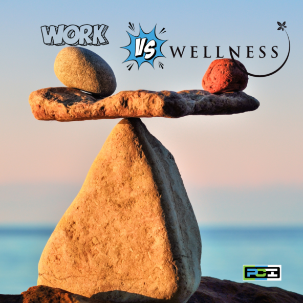 Small rocks balanced on a larger on with work and wellness verbiage balanced on top. Showing small business owners the need for accurate accounting and balanced finances.