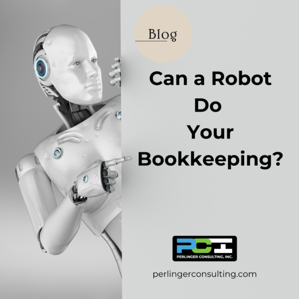 A robot points to a question asking "Can a robot do your bookkeeping"