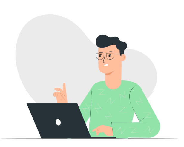 Illustration of a small business owner sitting at a computer, reviewing documents on-screen, representing secure bookkeeping practices and awareness of IRS scam prevention.