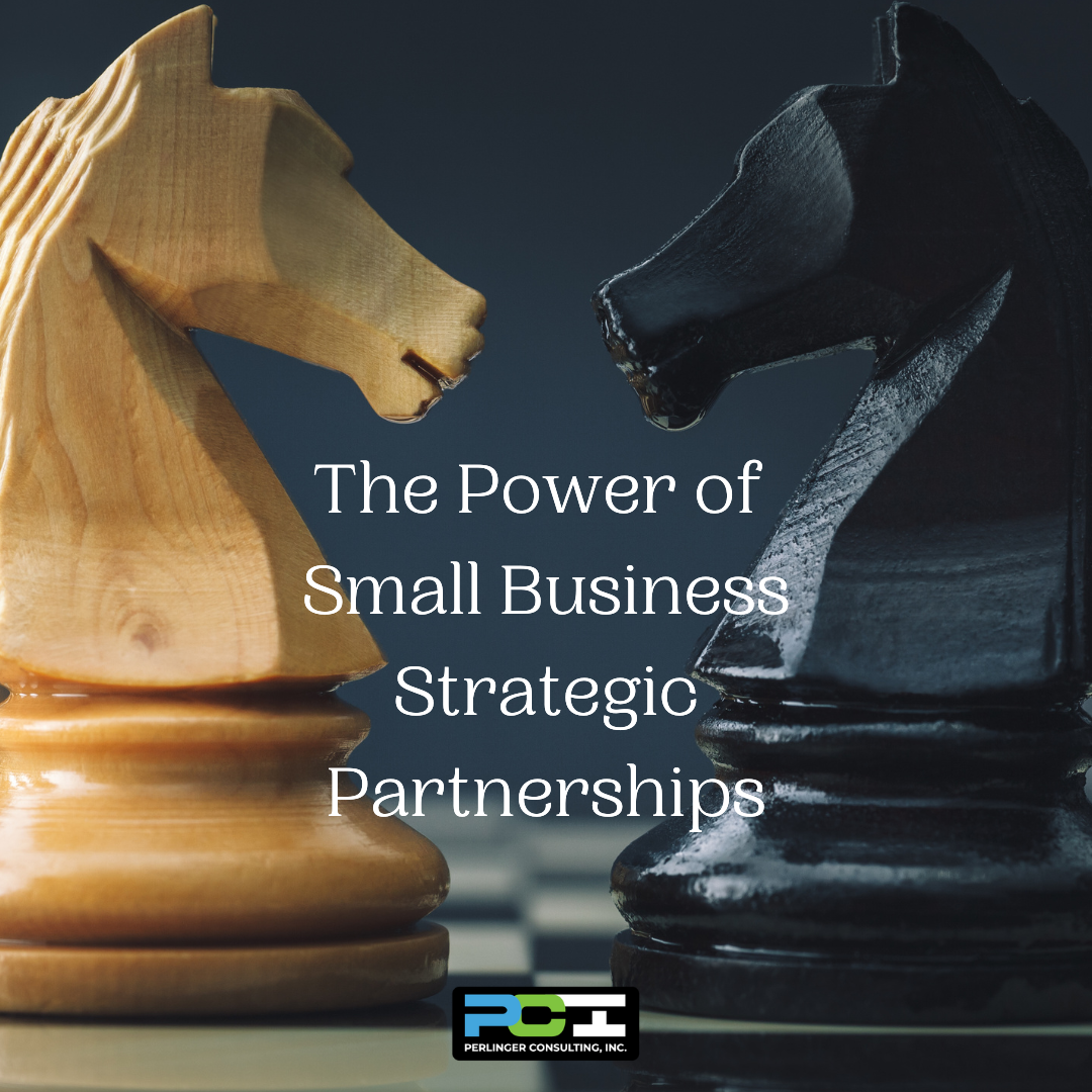 Two chess knights facing each other and the text reads The Power of SB Strategic Partnerships. Perlinger Consulting small business bookkeeping services is one of them.