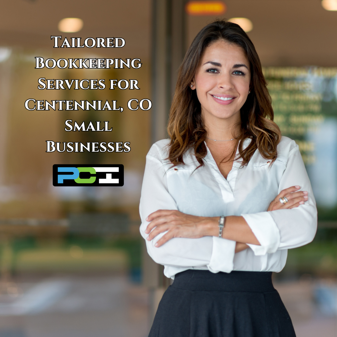 A woman standing in an office with the verbiage "ailored Bookkeeping Services for Centennial Small Businesses" next to her.