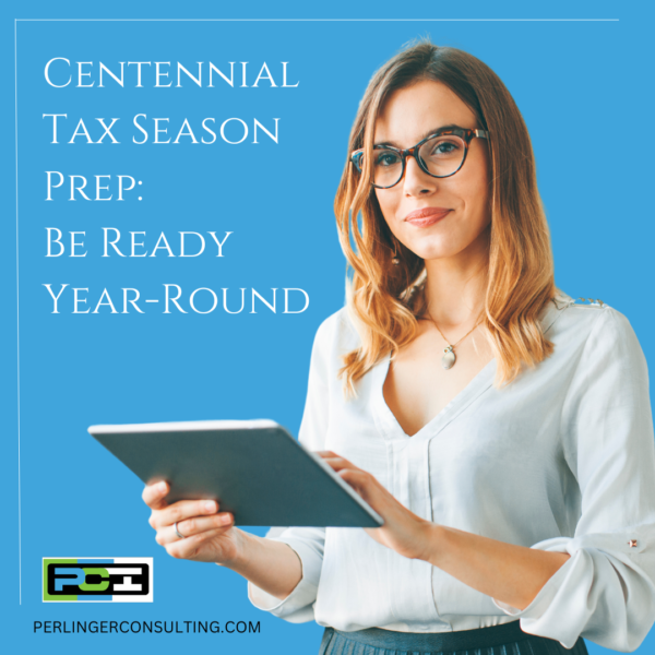 A woman with glasses holds a tablet and the verbiage reads: Centennial Tax Season Prep