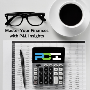 A calculator, glasses and coffee sit on a desk with a balance sheet. Master your finances with P&L insights is the verbiage; for small business owners who need bookkeeping services, accurate accounting and QuickBooks training.