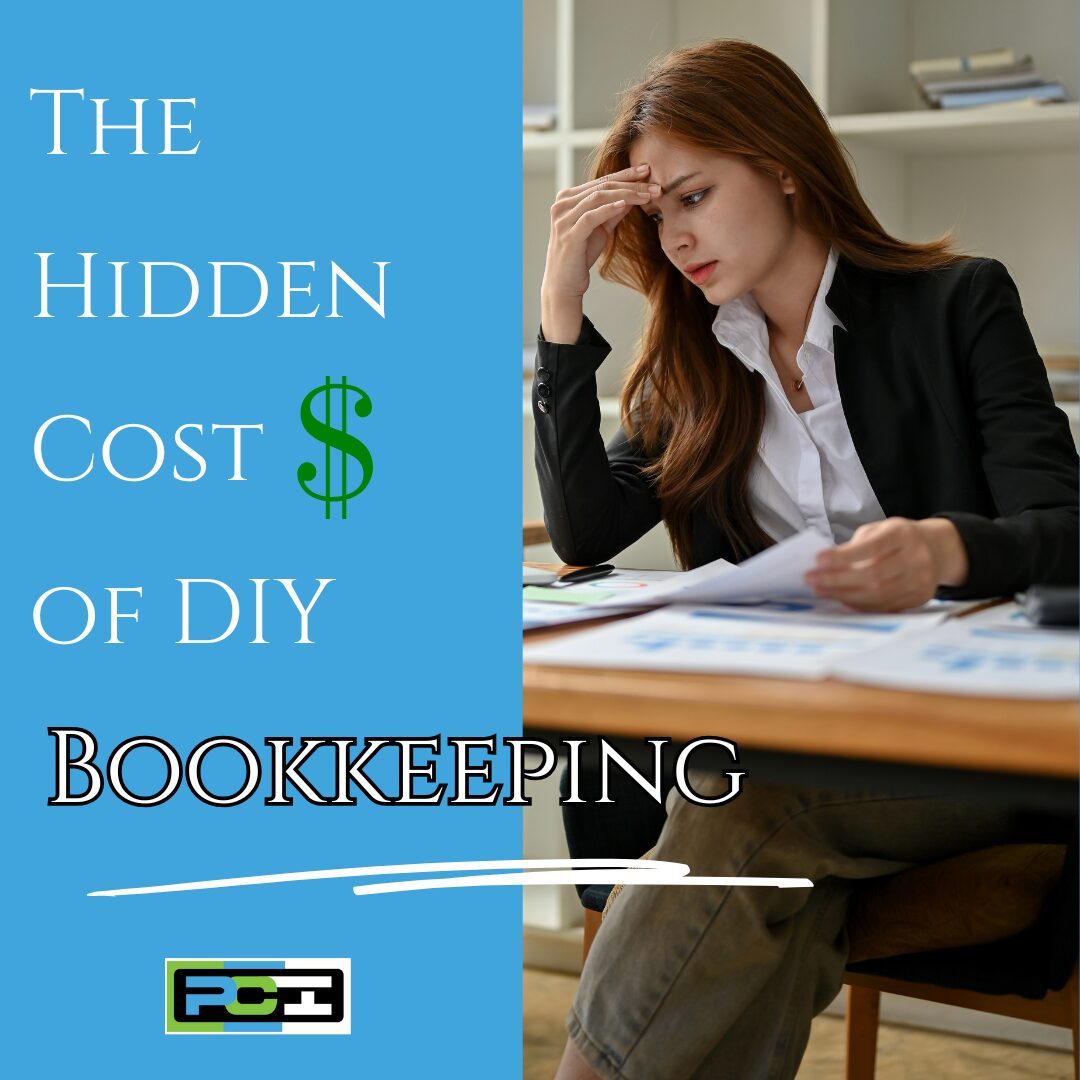 A woman sitting at her computer working on her small business bookkeeping. She is looking worried. The text reads "The Hidden Costs of DIY Bookkeeping".