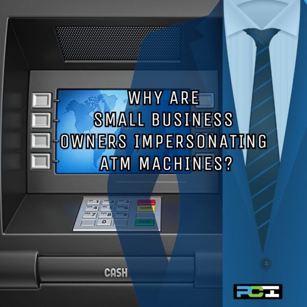 ATM with an empty business suit standing in front—representing how some small business owners in Littleton, CO end up funding their businesses out of pocket.