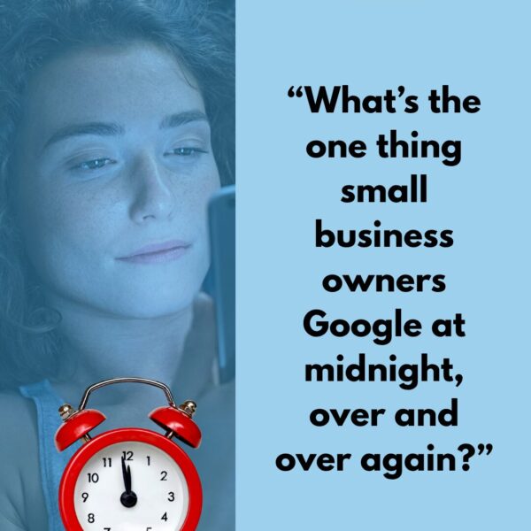 Midnight moment of a woman searching for ‘bookkeeping for small business’ on her phone.