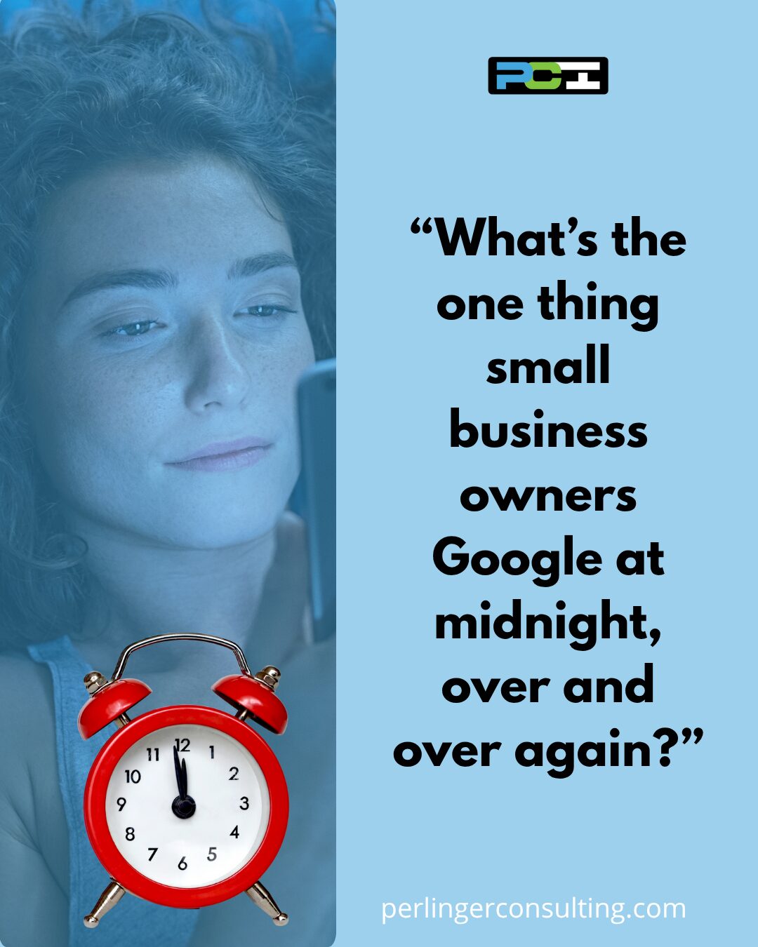 Midnight moment of a woman searching for ‘bookkeeping for small business’ on her phone.