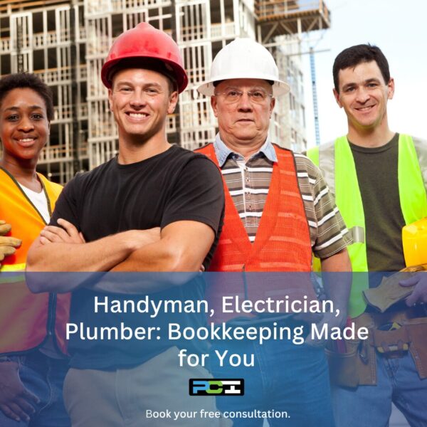 A diverse group of four construction professionals, including a handyman, electrician, and plumber, stand confidently in front of a building under construction. Each person wears safety gear like hard hats and reflective vests. Overlaid text reads: "Handyman, Electrician, Plumber: Bookkeeping Made for You." Below is the Perlinger Consulting logo and the tagline "Book your free consultation."