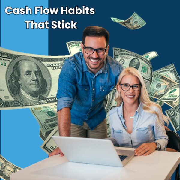 Cash Flow Habits That Stick graphic with two small business owners at a laptop and floating dollar bills; Perlinger Consulting bookkeeping in Littleton, Centennial, and the Denver Metro.