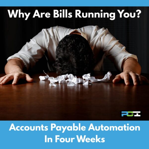 “Overwhelmed small business owner with head on desk and crumpled bills, headline ‘Why Are Bills Running You’ promoting accounts payable automation in QuickBooks for Littleton, Centennial, and the Denver Metro.”